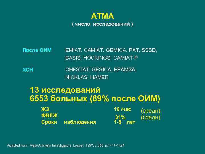 АТМА ( число исследований ) После ОИМ EMIAT, CAMIAT, GEMICA, PAT, SSSD, BASIS, HOCKINGS,