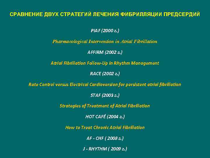 СРАВНЕНИЕ ДВУХ СТРАТЕГИЙ ЛЕЧЕНИЯ ФИБРИЛЛЯЦИИ ПРЕДСЕРДИЙ PIAF (2000 г. ) Pharmacological Intervention in Atrial