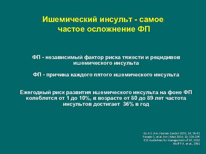 Ишемический инсульт - самое частое осложнение ФП ФП - независимый фактор риска тяжести и