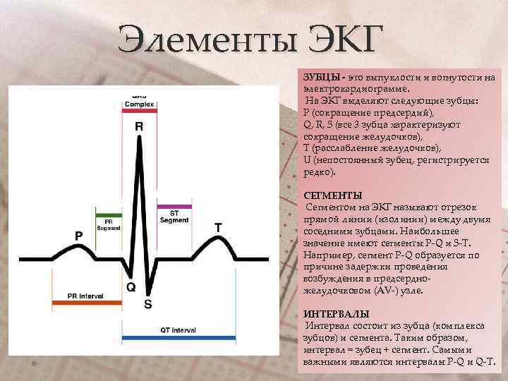 Элементы ЭКГ ЗУБЦЫ - это выпуклости и вогнутости на электрокардиограмме. На ЭКГ выделяют следующие