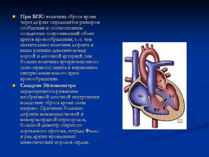 n n При ВПС: величина сброса крови через дефект определяется размером сообщения и соотношением