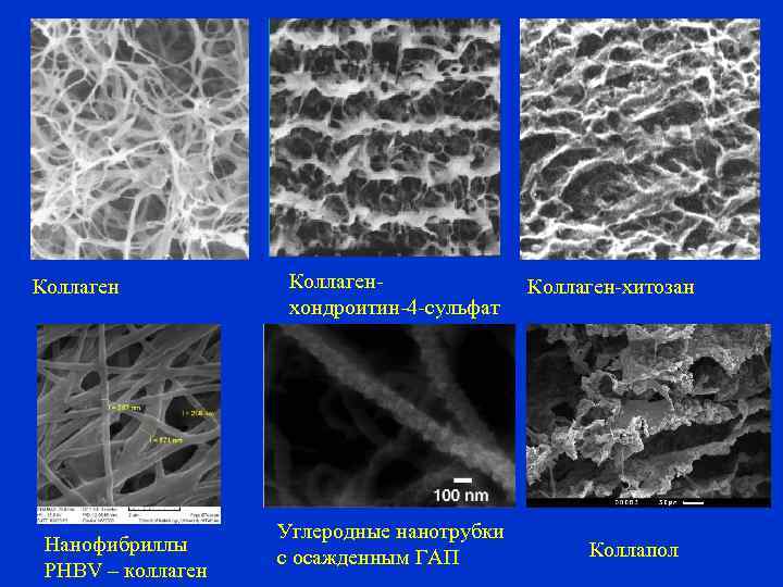 Коллаген Нанофибриллы PHBV – коллаген Коллагенхондроитин-4 -сульфат Углеродные нанотрубки с осажденным ГАП Коллаген-хитозан Коллапол