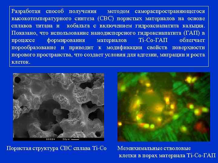 Разработан способ получения методом самораспространяющегося высокотемпературного синтеза (СВС) пористых материалов на основе сплавов титана