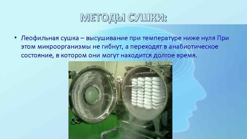 МЕТОДЫ СУШКИ: • Леофильная сушка – высушивание при температуре ниже нуля При этом микроорганизмы