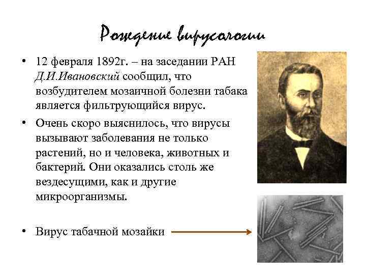 Рождение вирусологии • 12 февраля 1892 г. – на заседании РАН Д. И. Ивановский