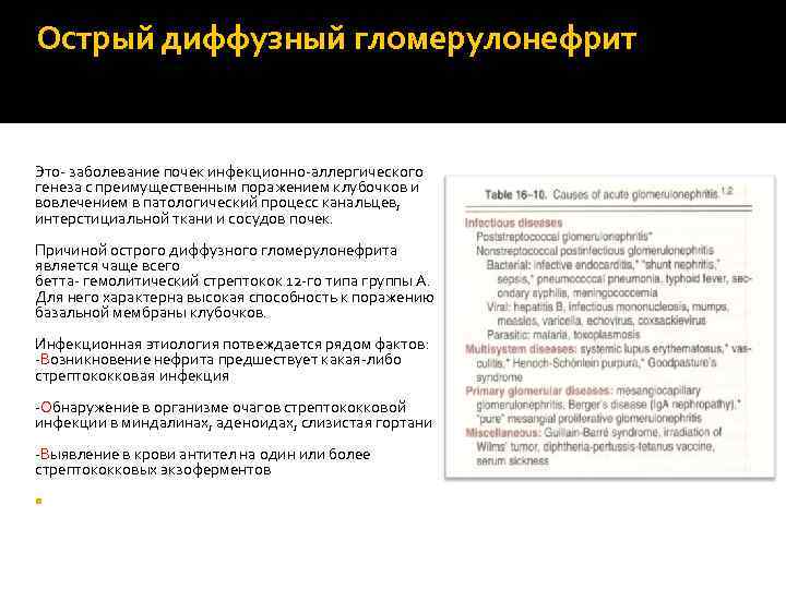 Острый диффузный гломерулонефрит Это- заболевание почек инфекционно-аллергического генеза с преимущественным поражением клубочков и вовлечением