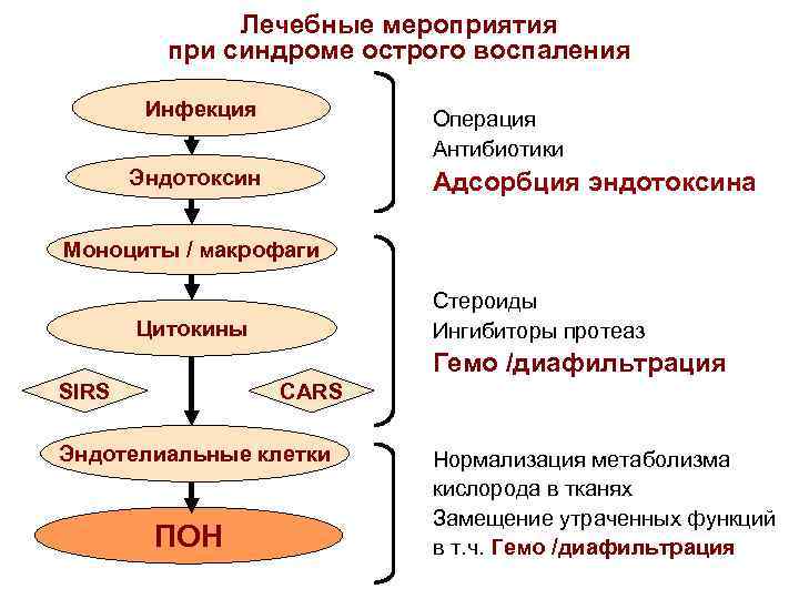 Лечебные мероприятия при синдроме острого воспаления Инфекция Операция Антибиотики Эндотоксин Адсорбция эндотоксина Моноциты /