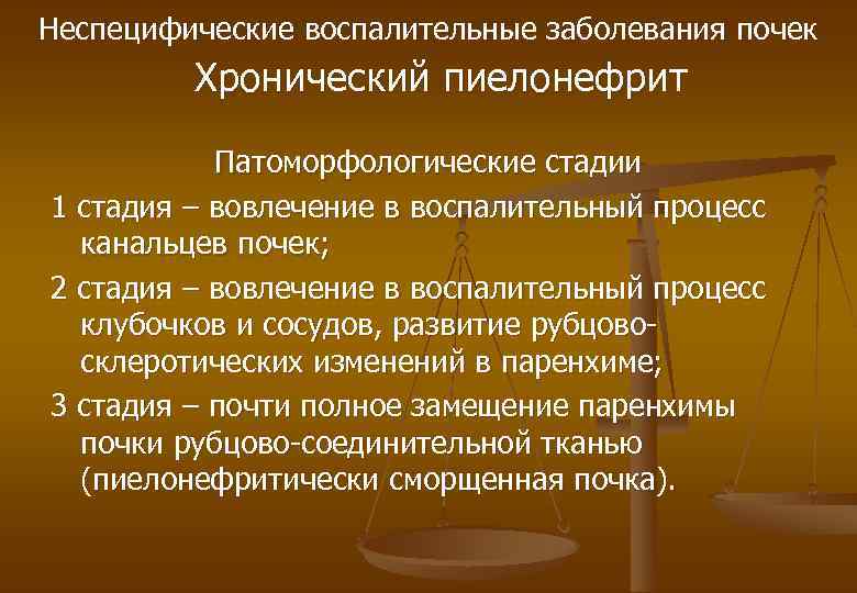Неспецифические воспалительные заболевания почек Хронический пиелонефрит Патоморфологические стадии 1 стадия – вовлечение в воспалительный