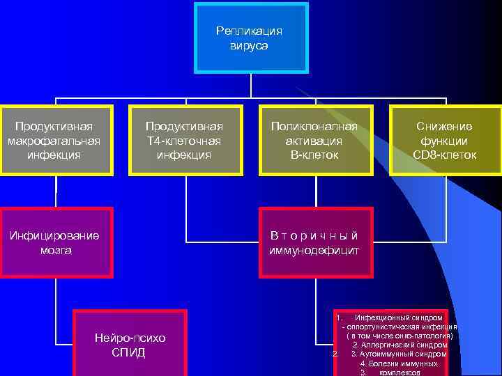 Репликация вируса Продуктивная макрофагальная инфекция Продуктивная Т 4 -клеточная инфекция Инфицирование мозга Нейро-психо СПИД