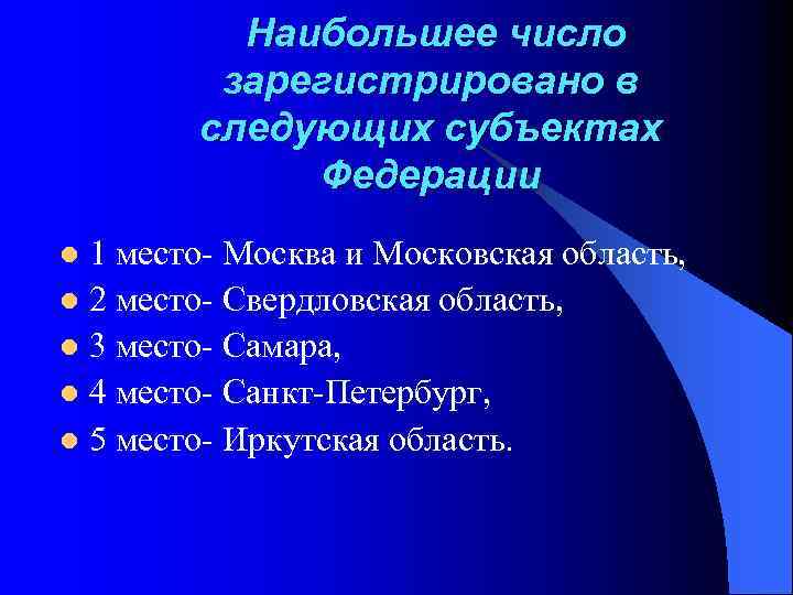  Наибольшее число зарегистрировано в следующих субъектах Федерации 1 место- Москва и Московская область,