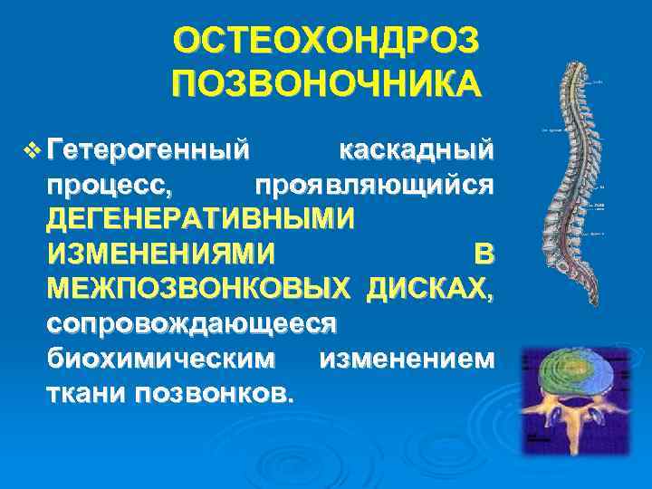 ОСТЕОХОНДРОЗ ПОЗВОНОЧНИКА v Гетерогенный каскадный процесс, проявляющийся ДЕГЕНЕРАТИВНЫМИ ИЗМЕНЕНИЯМИ В МЕЖПОЗВОНКОВЫХ ДИСКАХ, сопровождающееся биохимическим