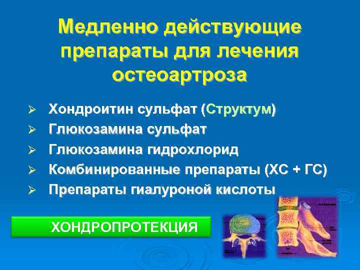 Медленно действующие препараты для лечения остеоартроза Ø Ø Ø Хондроитин сульфат (Структум) Глюкозамина сульфат