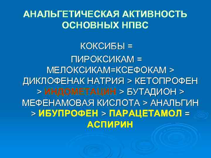 АНАЛЬГЕТИЧЕСКАЯ АКТИВНОСТЬ ОСНОВНЫХ НПВС КОКСИБЫ = ПИРОКСИКАМ = МЕЛОКСИКАМ=КСЕФОКАМ > ДИКЛОФЕНАК НАТРИЯ > КЕТОПРОФЕН