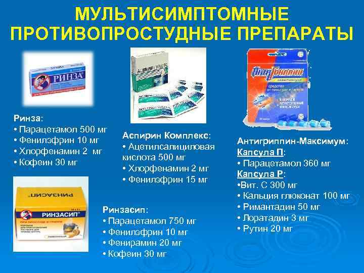 МУЛЬТИСИМПТОМНЫЕ ПРОТИВОПРОСТУДНЫЕ ПРЕПАРАТЫ Ринза: • Парацетамол 500 мг • Фенилэфрин 10 мг • Хлорфенамин