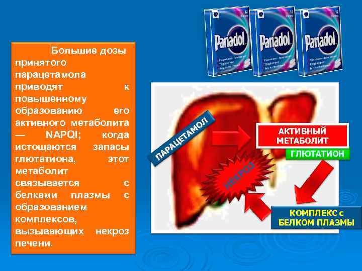 Большие дозы принятого парацетамола приводят к повышенному образованию его активного метаболита — NAPQI; когда