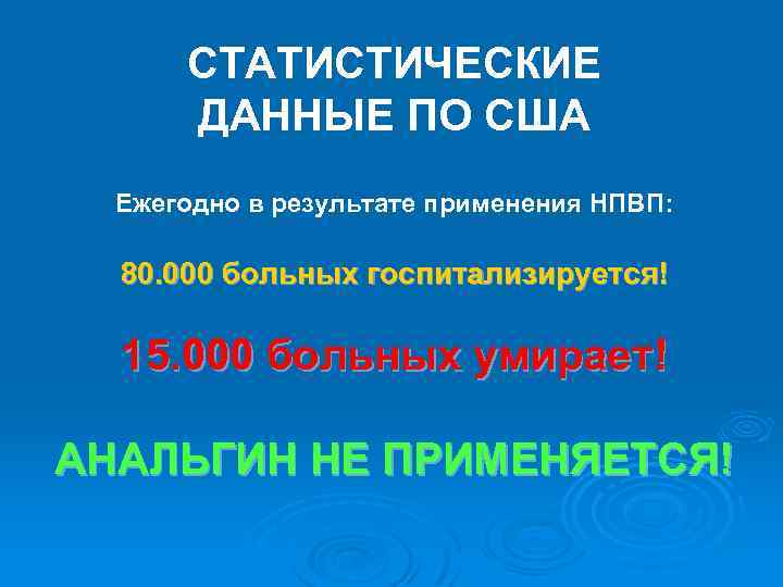 СТАТИСТИЧЕСКИЕ ДАННЫЕ ПО США Ежегодно в результате применения НПВП: 80. 000 больных госпитализируется! 15.