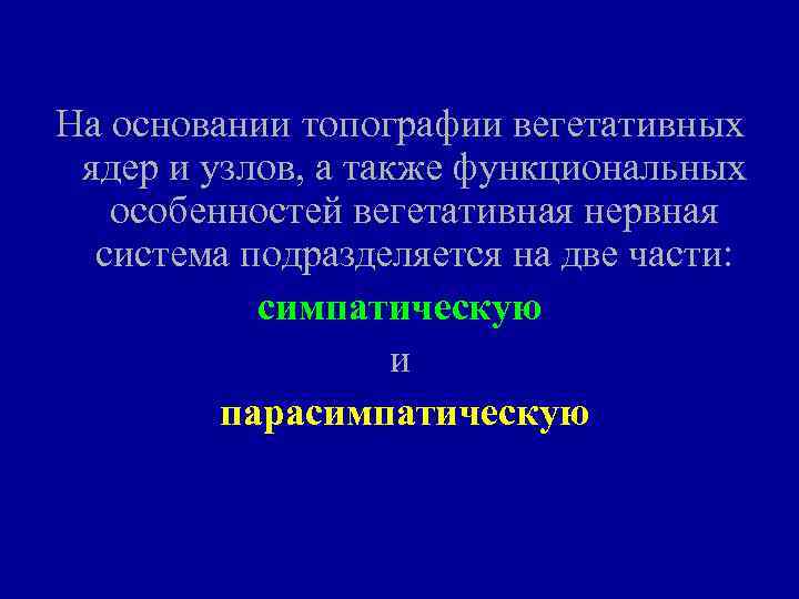 На основании топографии вегетативных ядер и узлов, а также функциональных особенностей вегетативная нервная система