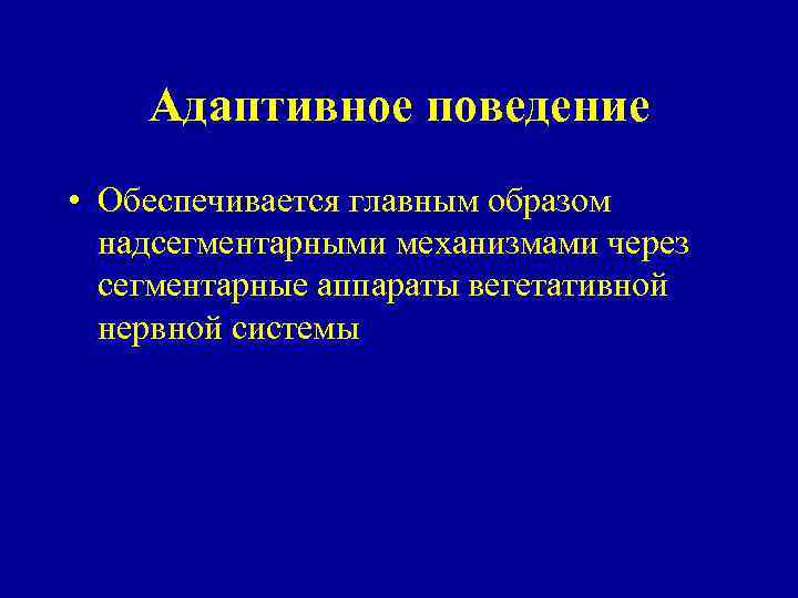 Адаптивное поведение • Обеспечивается главным образом надсегментарными механизмами через сегментарные аппараты вегетативной нервной системы