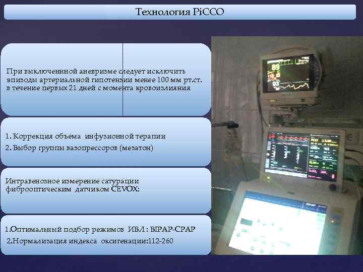 Технология Pi. CCO При выключеннной аневризме следует исключить эпизоды артериальной гипотензии менее 100 мм