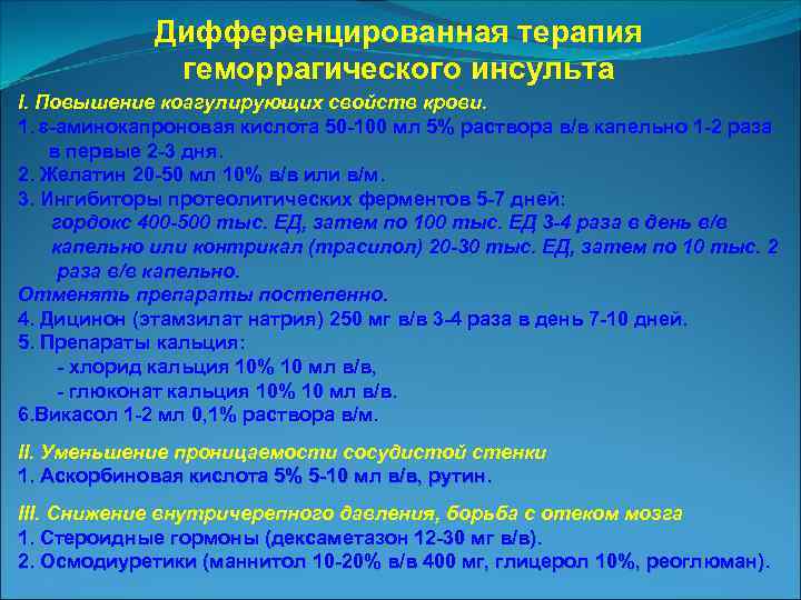 Дифференцированная терапия геморрагического инсульта I. Повышение коагулирующих свойств крови. 1. аминокапроновая кислота 50 100