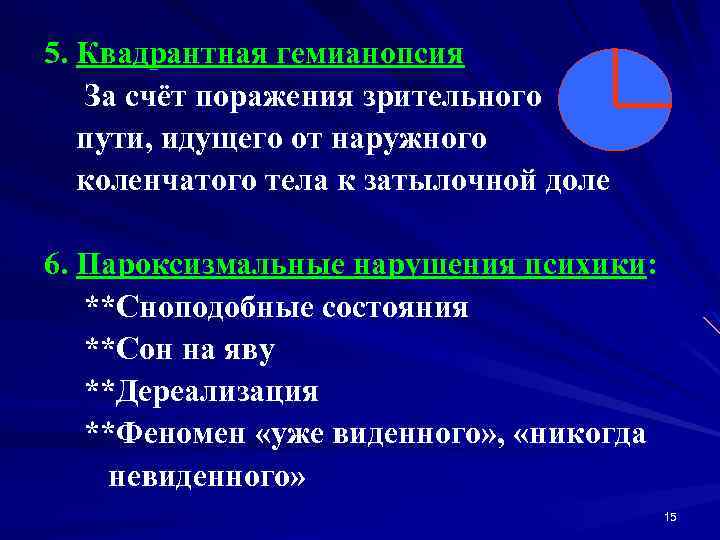 5. Квадрантная гемианопсия За счёт поражения зрительного пути, идущего от наружного коленчатого тела к