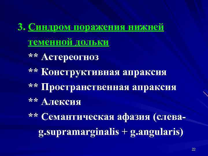 3. Синдром поражения нижней теменной дольки ** Астереогноз ** Конструктивная апраксия ** Пространственная апраксия