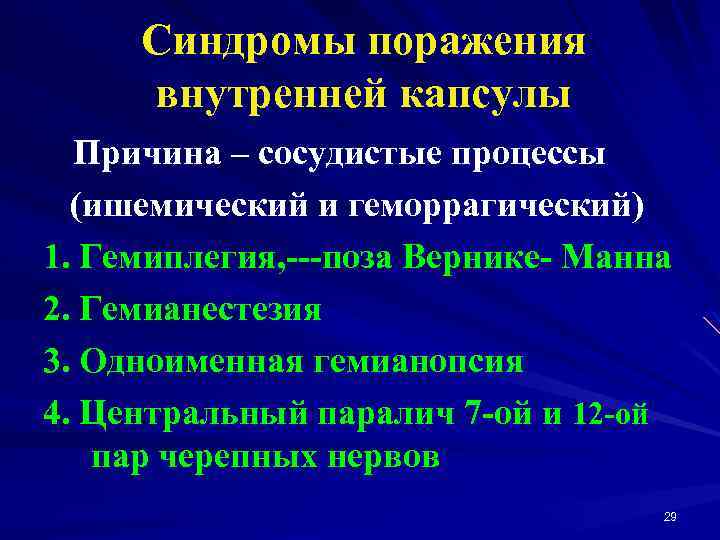 Синдромы поражения внутренней капсулы Причина – сосудистые процессы (ишемический и геморрагический) 1. Гемиплегия, ---поза