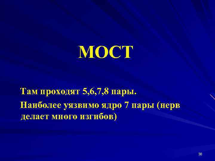 МОСТ Там проходят 5, 6, 7, 8 пары. Наиболее уязвимо ядро 7 пары (нерв