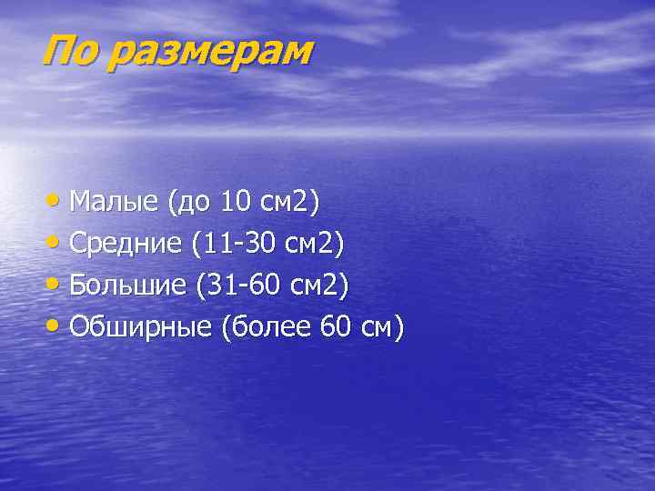 По размерам • Малые (до 10 см 2) • Средние (11 -30 см 2)