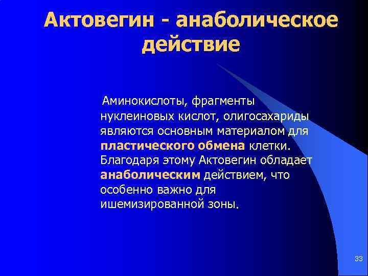 Актовегин - анаболическое действие Аминокислоты, фрагменты нуклеиновых кислот, олигосахариды являются основным материалом для пластического