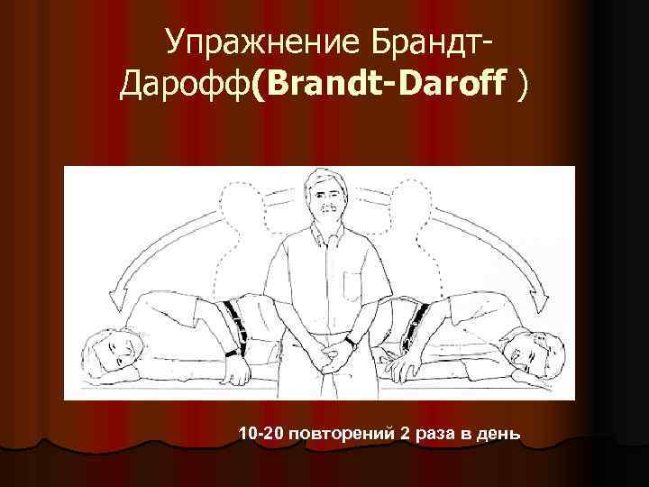 Упражнение Брандт. Дарофф(Brandt-Daroff ) 10 -20 повторений 2 раза в день 