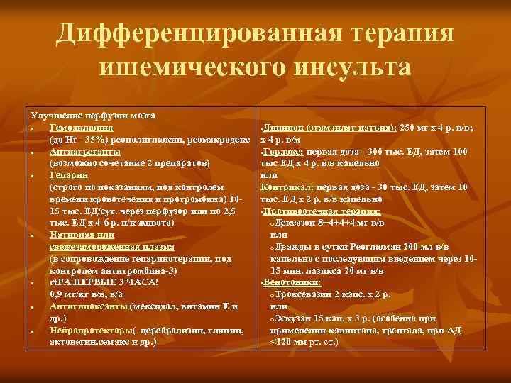 Дифференцированная терапия ишемического инсульта Улучшение перфузии мозга Гемодилюция (до Ht - 35%) реополиглюкин, реомакродекс