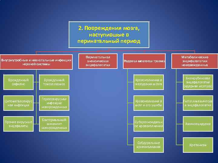 2. Повреждения мозга, наступившые в перинатальный период Внутриутробные и неонатальные инфекции нервной системы Перинатальная