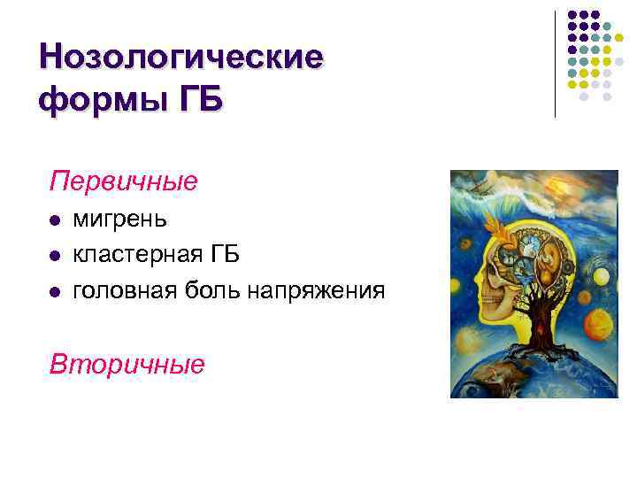 Нозологические формы ГБ Первичные l l l мигрень кластерная ГБ головная боль напряжения Вторичные