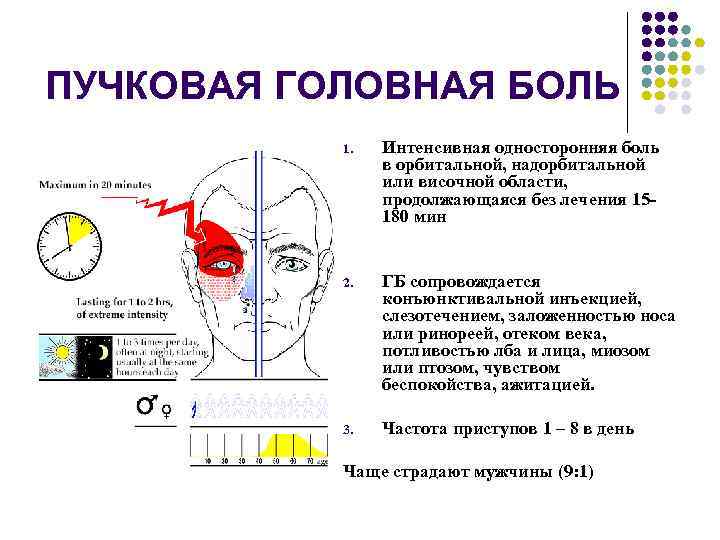 ПУЧКОВАЯ ГОЛОВНАЯ БОЛЬ 1. Интенсивная односторонняя боль в орбитальной, надорбитальной или височной области, продолжающаяся