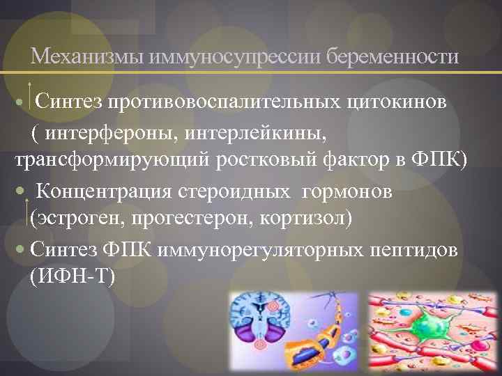 Механизмы иммуносупрессии беременности Синтез противовоспалительных цитокинов ( интерфероны, интерлейкины, трансформирующий ростковый фактор в ФПК)