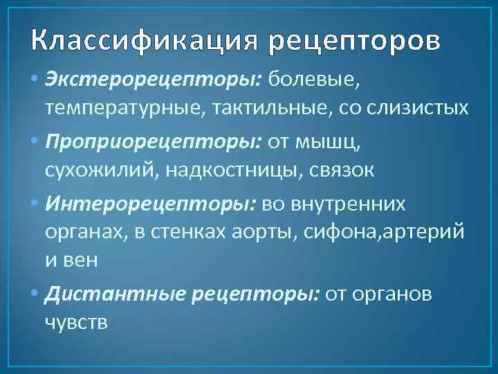 Классификация рецепторов • Экстерорецепторы: болевые, температурные, тактильные, со слизистых • Проприорецепторы: от мышц, сухожилий,