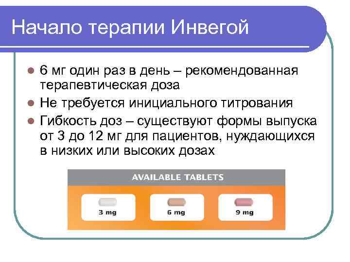 Начало терапии Инвегой 6 мг один раз в день – рекомендованная терапевтическая доза l