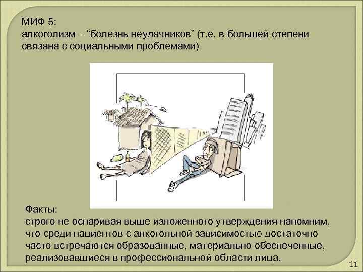 МИФ 5: алкоголизм – “болезнь неудачников” (т. е. в большей степени связана с социальными