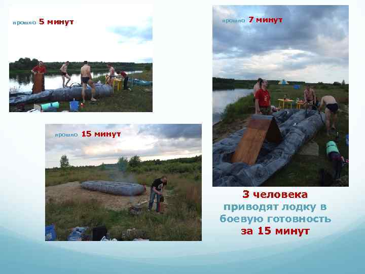 прошло 5 минут прошло 7 минут 15 минут 3 человека приводят лодку в боевую