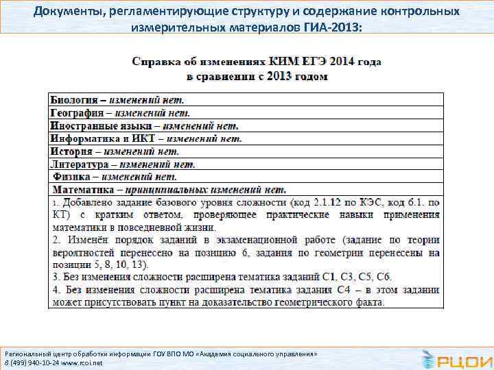 Документы, регламентирующие структуру и содержание контрольных измерительных материалов ГИА-2013: Региональный центр обработки информации ГОУ