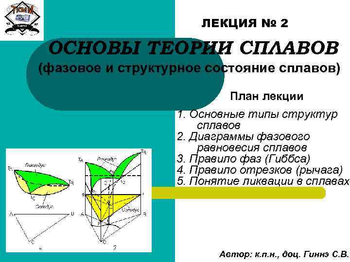 Сиб. ГТУ ЛЕКЦИЯ № 2 ОСНОВЫ ТЕОРИИ СПЛАВОВ (фазовое и структурное состояние сплавов) План
