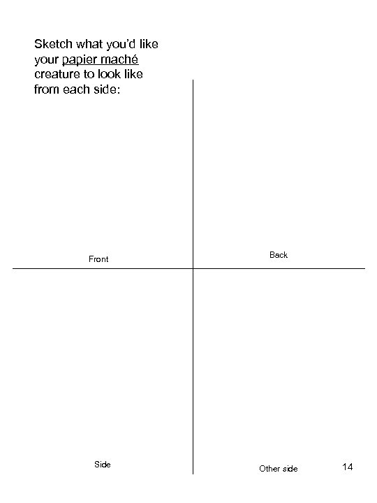 Sketch what you’d like your papier maché creature to look like from each side: