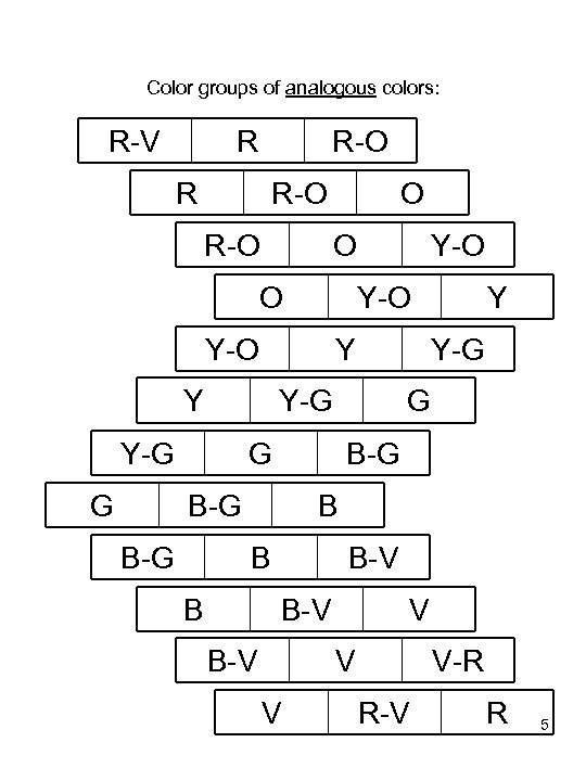 Color groups of analogous colors: R-V R R-O R-O O Y-O Y Y G