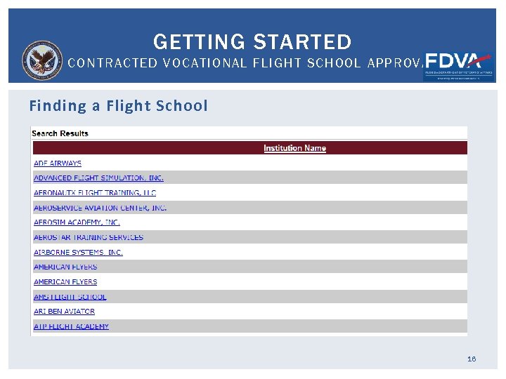 GETTING STARTED CONTRACTED VOCATIONAL FLIGHT SCHOOL APPROVAL Finding a Flight School 16 