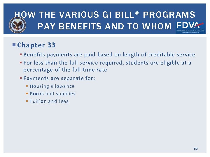 HOW THE VARIOUS GI BILL® PROGRAMS PAY BENEFITS AND TO WHOM Chapter 33 §