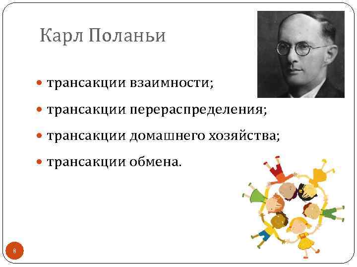 Карл Поланьи трансакции взаимности; трансакции перераспределения; трансакции домашнего хозяйства; трансакции обмена. 8 