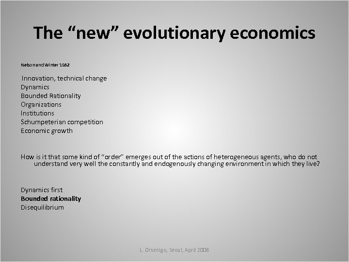 The “new” evolutionary economics Nelson and Winter 1982 Innovation, technical change Dynamics Bounded Rationality