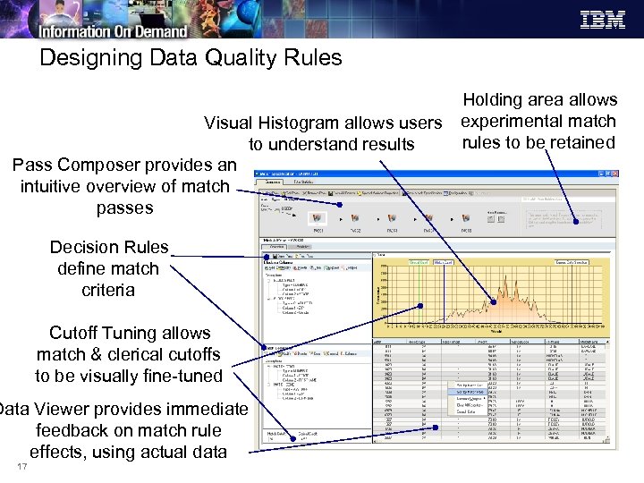 Designing Data Quality Rules Holding area allows Visual Histogram allows users experimental match rules