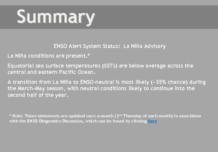 Summary ENSO Alert System Status: La Niña Advisory La Niña conditions are present. *